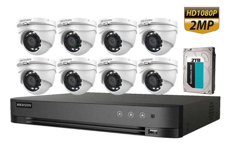 CCTV Kit 8CH 2MP HD Analog Security Camera Kit includes iDS-7208HQHI-M1/S 8CH 5MP DVR with 2TB HDD and 8x DS-2CE56D0T-IRMF 2MP Turret Outdoor Cameras