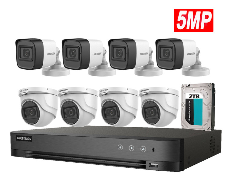 Hikvision 5MP 8CH HD Analog Camera System Bundle: 1x 8CH DVR with 2TB HDD and 8x Mix Turret /Bullet Cameras with Built-in Mic