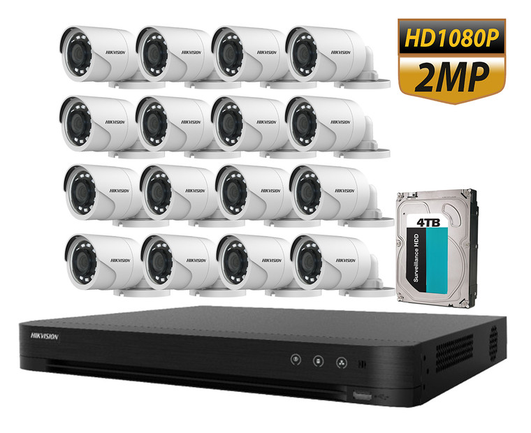 CCTV Kit 16CH 2MP HD Analog Security Camera Kit includes iDS-7216HQHI-M1/S 16CH 5MP DVR with 4TB HDD and 16x DS-2CE16D0T-IRPF Bullet Outdoor Cameras