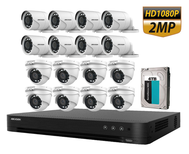 CCTV Kit 16CH 2MP HD Analog Security Camera Kit includes iDS-7216HQHI-M1/S 16CH 5MP DVR with 4TB HDD and 8x DS-2CE56D0T-IRMF 2MP Turret & 8x DS-2CE16D0T-IRPF Bullet Outdoor Cameras