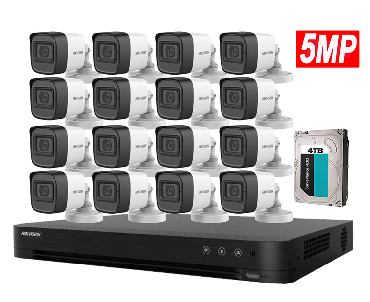 Hikvision 5MP 16CH HD Analog Camera System Bundle: 1x 16CH DVR with 4TB HDD and 16x Bullet Cameras with Built-in Mic