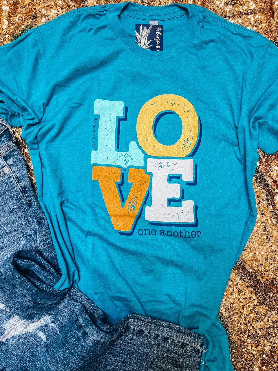 Southernology Love One Another Statement Tee: Teal - Off the Racks Boutique