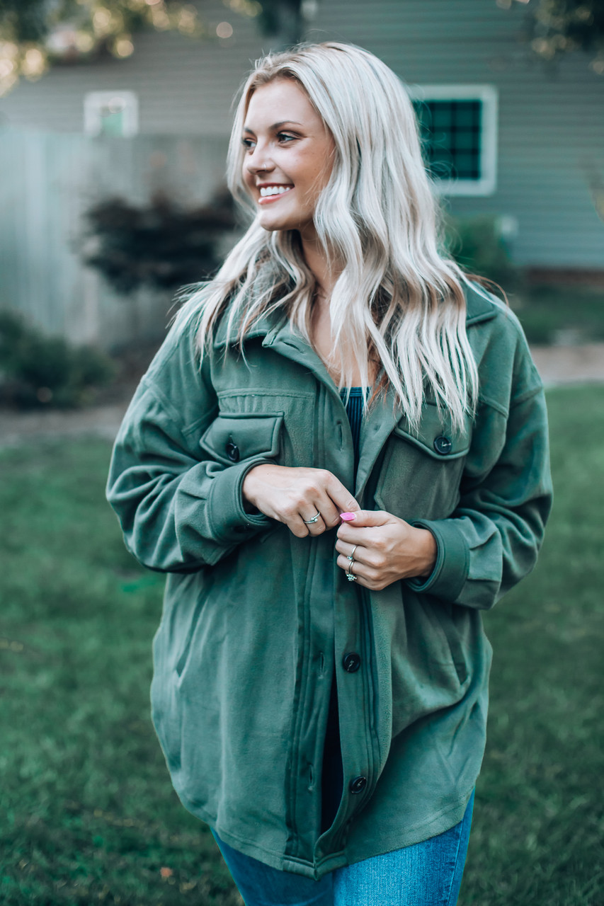 Beautiful Things Fleece Shacket: Light Olive - Off the Racks Boutique