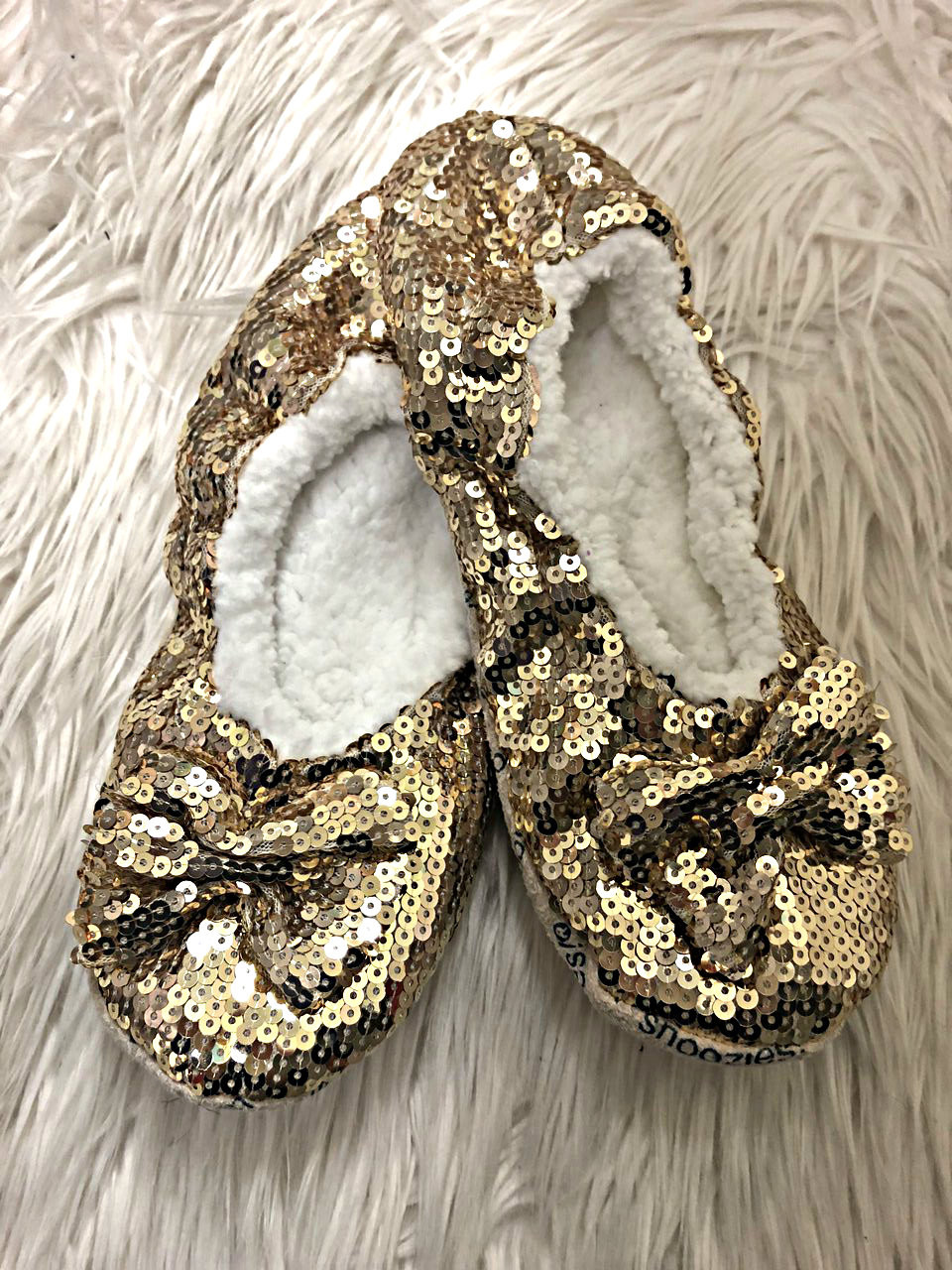 gold sequin slippers