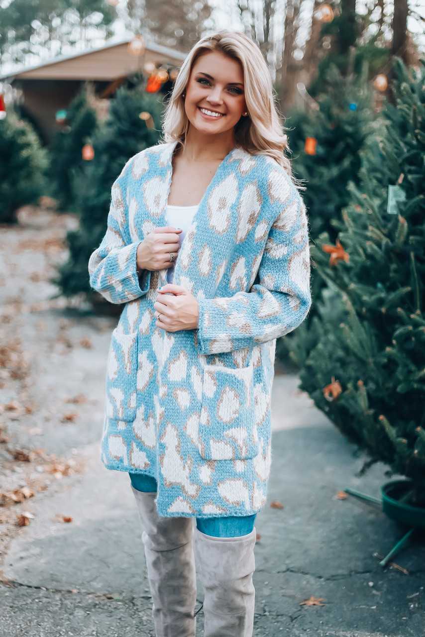 Icy Leopard Cardigan: Light Blue - Off the Racks Boutique