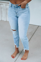 Judy Blue Lainey Mid-Rise Destroyed Hem Boyfriend Jeans: Light Wash