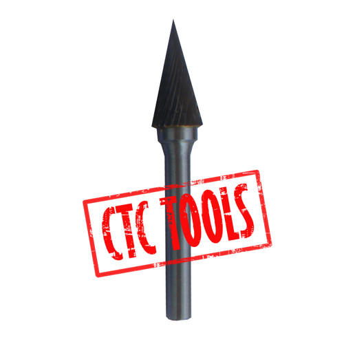 CTC Tools - carbide burr pointed 27° included angle (type M) 6mm shank for angled detail work.