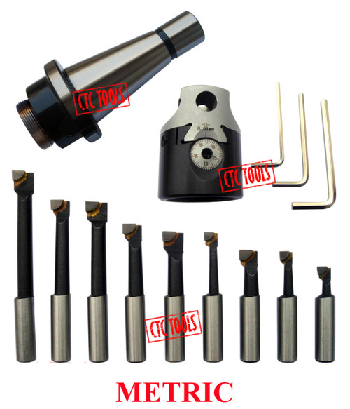 CTC Tools - 50mm boring head with NT arbor & 9-piece 12mm boring bar set for versatile boring tasks.