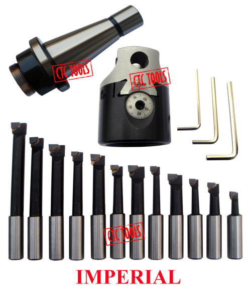 CTC Tools - 3-inch boring head with NT arbor & 12-piece 3/4-inch boring bar set for precise internal machining.