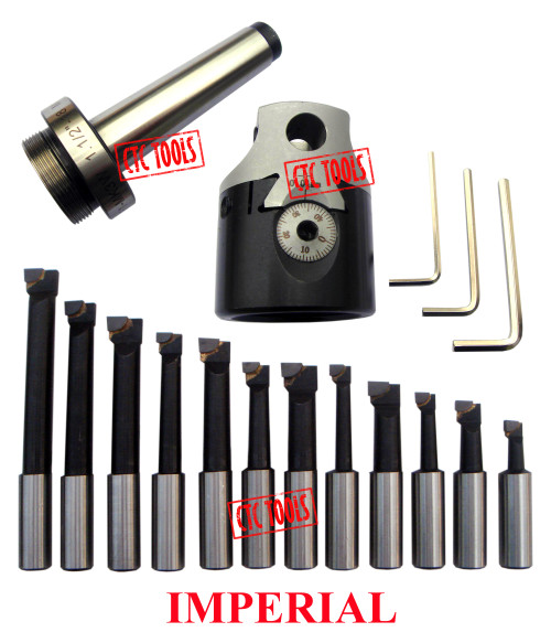 CTC Tools - 3-inch boring head with MT3 3/8-inch 16TPI shank & 12-piece 3/4-inch boring bars for metal boring.