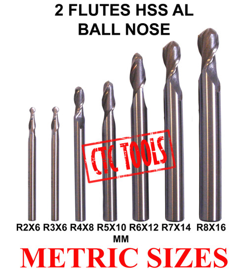 CTC Tools - 2 flute ball nose HSS AL endmill milling cutters (7 pcs), perfect for contouring and shaping.