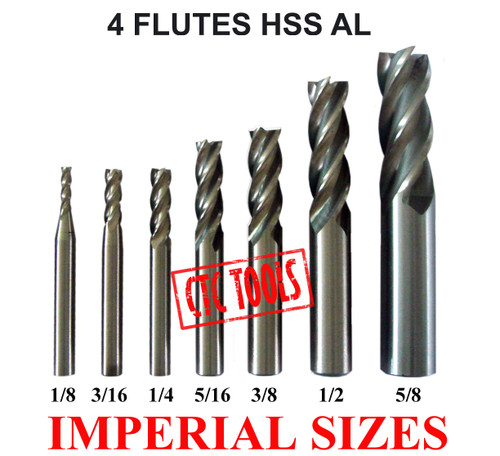 CTC Tools - 4 flute HSS AL endmill milling cutters (7 pcs) imperial, perfect for varied milling projects.