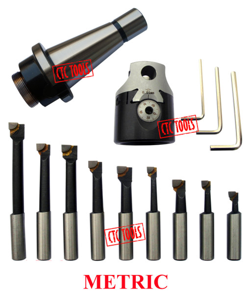 CTC Tools - 50mm boring head with NT arbor & 9-piece 12mm boring bar set for versatile boring tasks.