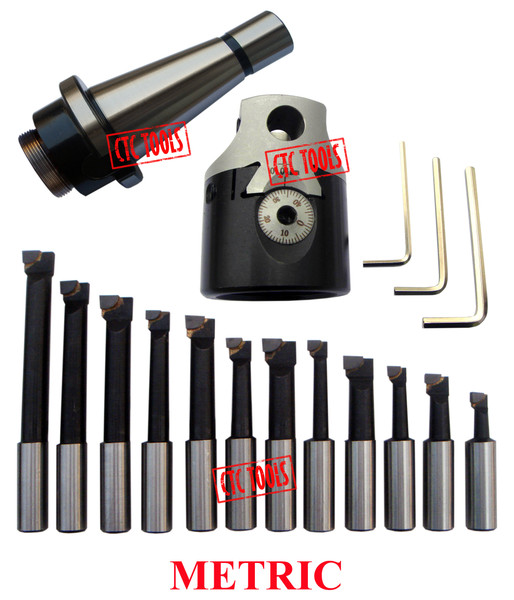 CTC Tools - 75mm boring head with NT arbor & 12-piece 18mm boring bar set for heavy-duty internal cutting.