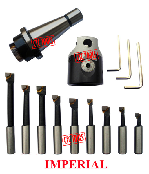CTC Tools - 2-inch boring head with NT arbor and 9 pcs 1/2-inch boring bars, perfect for precision tasks.