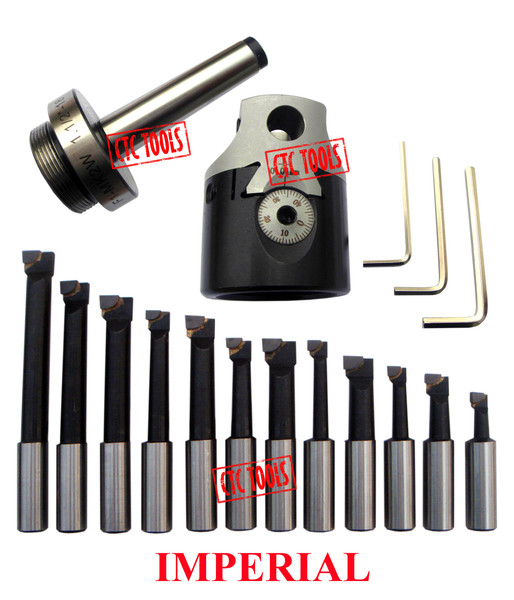 CTC Tools - 3-inch boring head with MT2 3/8-inch 16TPI shank and 12 pcs 3/4-inch boring bars, for precise machining.