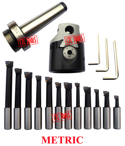 CTC Tools - 75mm boring head with MT4 M16 shank & 12 pcs 18mm boring bars, suitable for precision work.