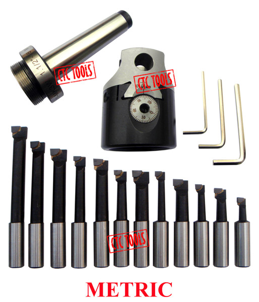 CTC Tools - 75mm boring head with MT3 3/8" shank & 12 pcs 18mm boring bars, for accurate machining.