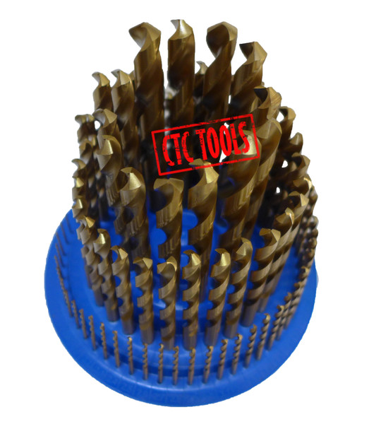 CTC Tools - 100pcs M35 HSS cobalt drill bits in a revolving stand, ideal for versatile drilling needs.