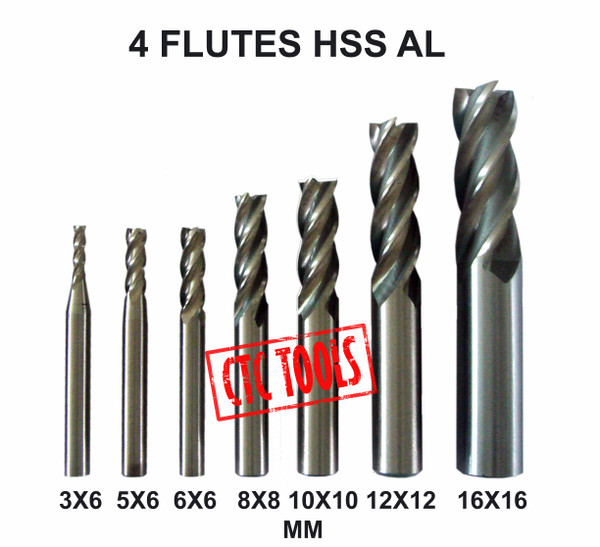 CTC Tools - 4 flute HSS AL endmill milling cutters (7 pcs), a complete set for diverse milling tasks.