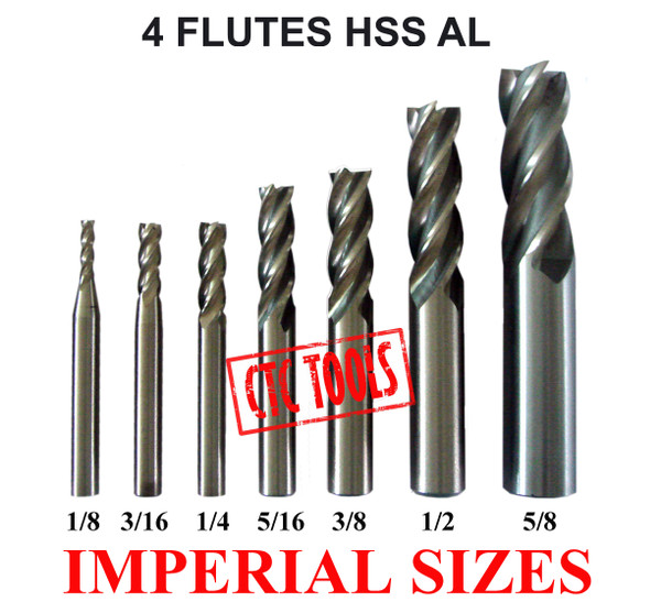 CTC Tools - 4 flute HSS AL endmill milling cutters (7 pcs) imperial, perfect for varied milling projects.