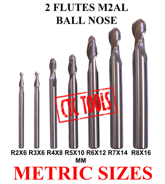 CTC Tools - 7-piece 2-flute ball nose HSS M2Al endmill milling cutters (metric) for smooth 3D milling.