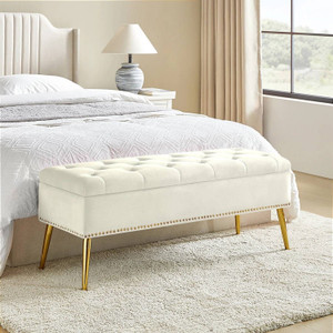 Mid-Century Modern Bed Storage Bench with Ivory Velvet Seat and Gold Legs Q280-KUFSBI1429462584