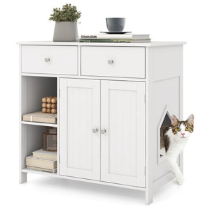 5 Star Pets Elite Hidden Washroom Storage Credenza in a premium white finish, featuring a white and tabby cat stepping out of the house-shaped side entrance cutout, isolated on a clean white background.