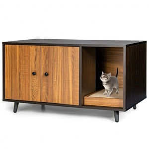 Mid-Century designed wooden double-door cat litter box enclosure cabinet with internal divider, scratch pad, and black metal legs.