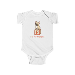 Cotton infant bodysuit with French Bulldog and a toy block letter "F" in white