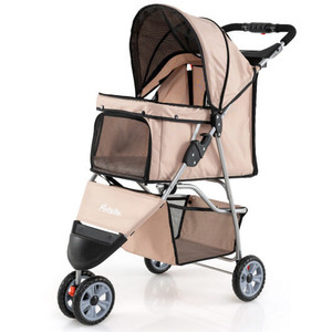 5 Star Pets beige 3-wheel compact pet stroller with adjustable canopy and bottom storage basket, studio view.
