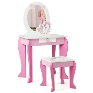 Kids Wooden Makeup Dressing Table and Chair Set with Mirror and Drawer-Pink - Color: Pink D681-HW66654PI