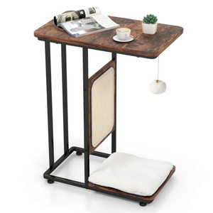 C-shaped wooden pet side table with built-in lower cat bed, hanging toy, and integrated vertical sisal scratching board.