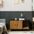 Mid-Century designed wooden double-door cat litter box enclosure cabinet with internal divider, scratch pad, and black metal legs.