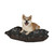5 Star Pets luxury black dog bed featuring a repeat white line-art French Bulldog pattern with Après Vous branding with a happy dog laying on it.