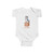 Front View: White baby bodysuit with a vintage vector illustration of a gray and white Husky puppy with blue eyes sitting on a wooden alphabet block featuring a prominent orange letter H, with "H is for Husky" printed beneath.