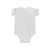 Back View: White baby bodysuit with a vintage vector illustration of a gray and white Husky puppy with blue eyes sitting on a wooden alphabet block featuring a prominent orange letter H, with "H is for Husky" printed beneath.