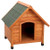 A-frame wooden dog house with a waterproof shingle roof and adjustable legs.