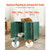 A series of views showcasing the dark green and gold cat litter box enclosure, highlighting the built-in power outlet, storage drawer, adjustable interior divider, and dimensions.