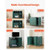 A series of views showcasing the dark green and gold cat litter box enclosure, highlighting the built-in power outlet, storage drawer, adjustable interior divider, and dimensions.