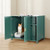 A series of views showcasing the dark green and gold cat litter box enclosure, highlighting the built-in power outlet, storage drawer, adjustable interior divider, and dimensions.