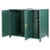 A series of views showcasing the dark green and gold cat litter box enclosure, highlighting the built-in power outlet, storage drawer, adjustable interior divider, and dimensions.