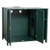 A series of views showcasing the dark green and gold cat litter box enclosure, highlighting the built-in power outlet, storage drawer, adjustable interior divider, and dimensions.