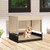 An elevated wicker dog house for small to medium breeds featuring a tan canopy and black base, designed for both indoor and outdoor use.