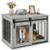 5 Star Pets gray dog crate furniture with sliding barn door and dog sitting inside, studio view.