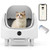 5 Star Pets smart self-cleaning open-top cat litter box with a cat inside, shown with mobile app control display.