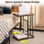 C-shaped wooden pet side table with built-in lower cat bed, hanging toy, and integrated vertical sisal scratching board.