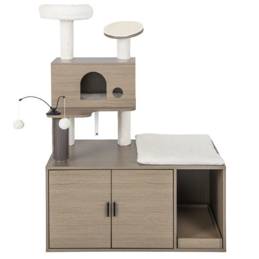 5 Star Pets The Penthouse wooden cat tower featuring a plush perch, scratching mats, and a hidden lower litter box enclosure.