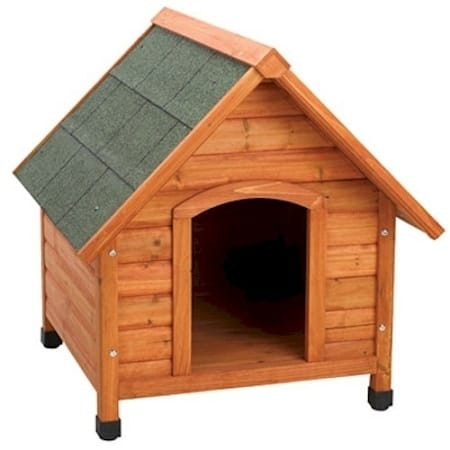 A-frame wooden dog house with a waterproof shingle roof and adjustable legs.