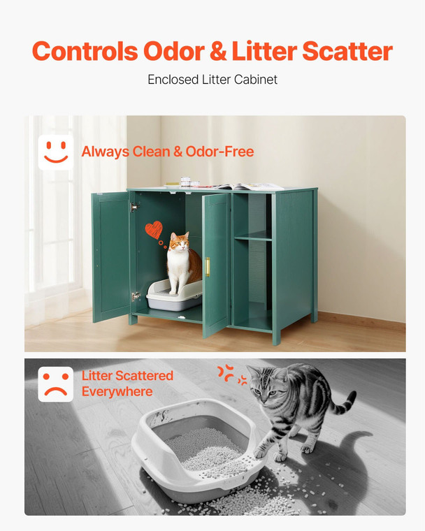 A series of views showcasing the dark green and gold cat litter box enclosure, highlighting the built-in power outlet, storage drawer, adjustable interior divider, and dimensions.